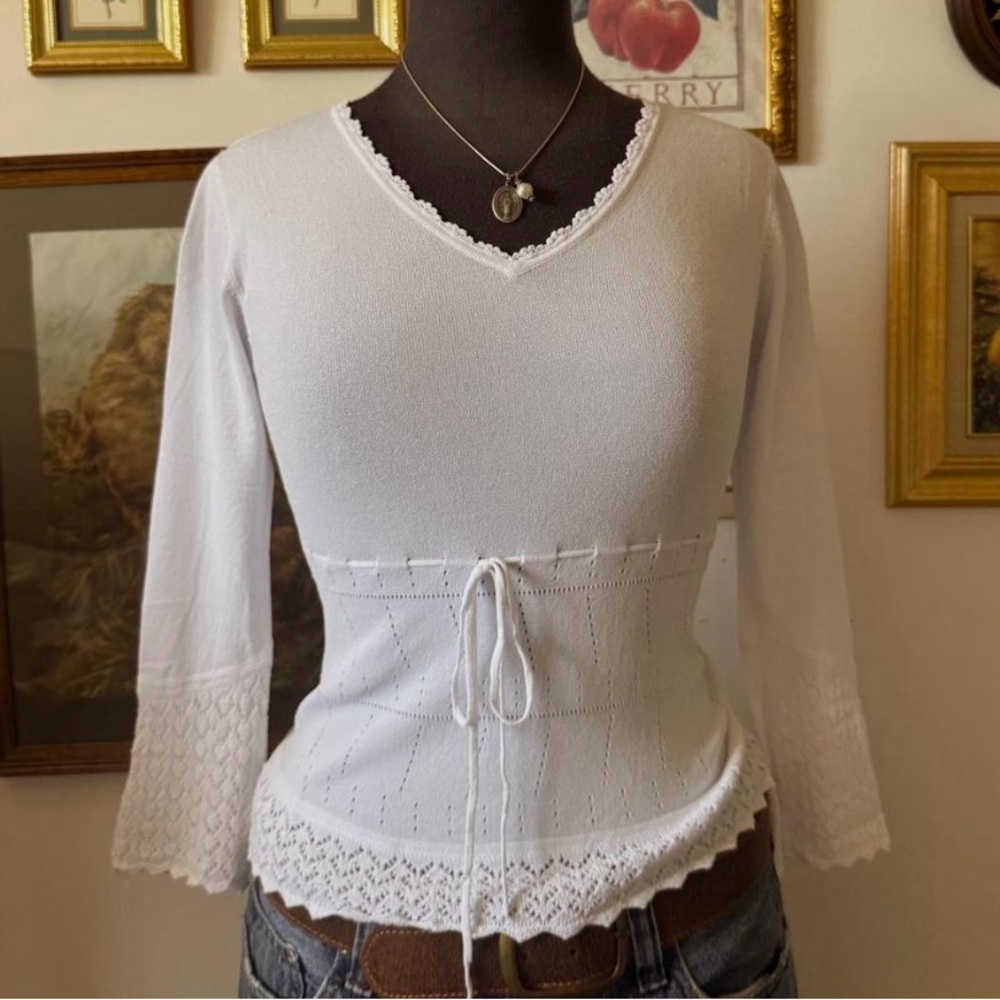 Vintage Sweet Boho White Knit Top | Ribbon Tie Waist | 3/4 Bell Sleeves | Y2K